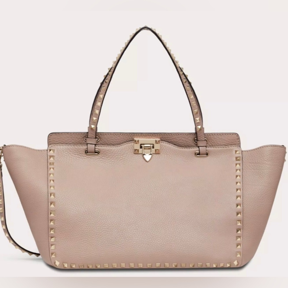 Valentino Garavani Rockstud Leather Gold Stud Flip Lock Closure Medium Tote